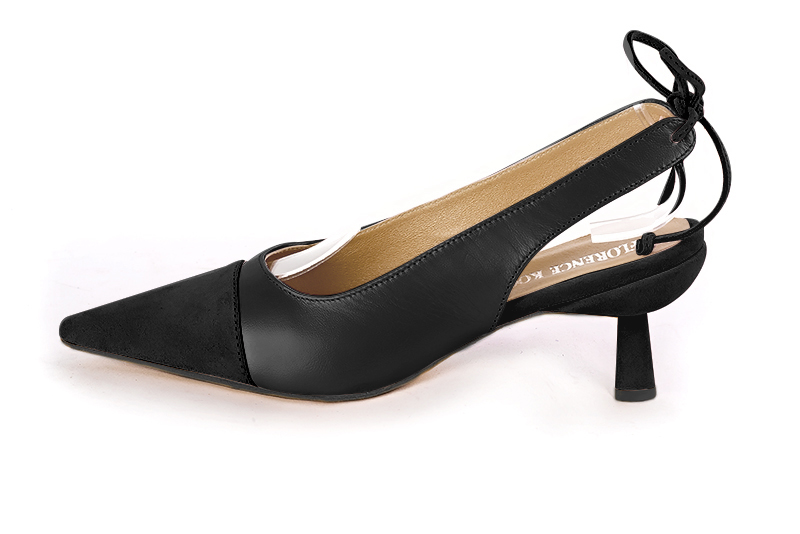 French elegance and refinement for these matt black dress slingback shoes, 
                available in many subtle leather and colour combinations. This beautiful enveloping pump will fit your foot without binding it
Its rear lacing will allow you to adjust it to your liking.
To be declined according to your choice of materials and colors.  
                Matching clutches for parties, ceremonies and weddings.   
                You can customize these shoes to perfectly match your tastes or needs, and have a unique model.  
                Choice of leathers, colours, knots and heels. 
                Wide range of materials and shades carefully chosen.  
                Rich collection of flat, low, mid and high heels.  
                Small and large shoe sizes - Florence KOOIJMAN